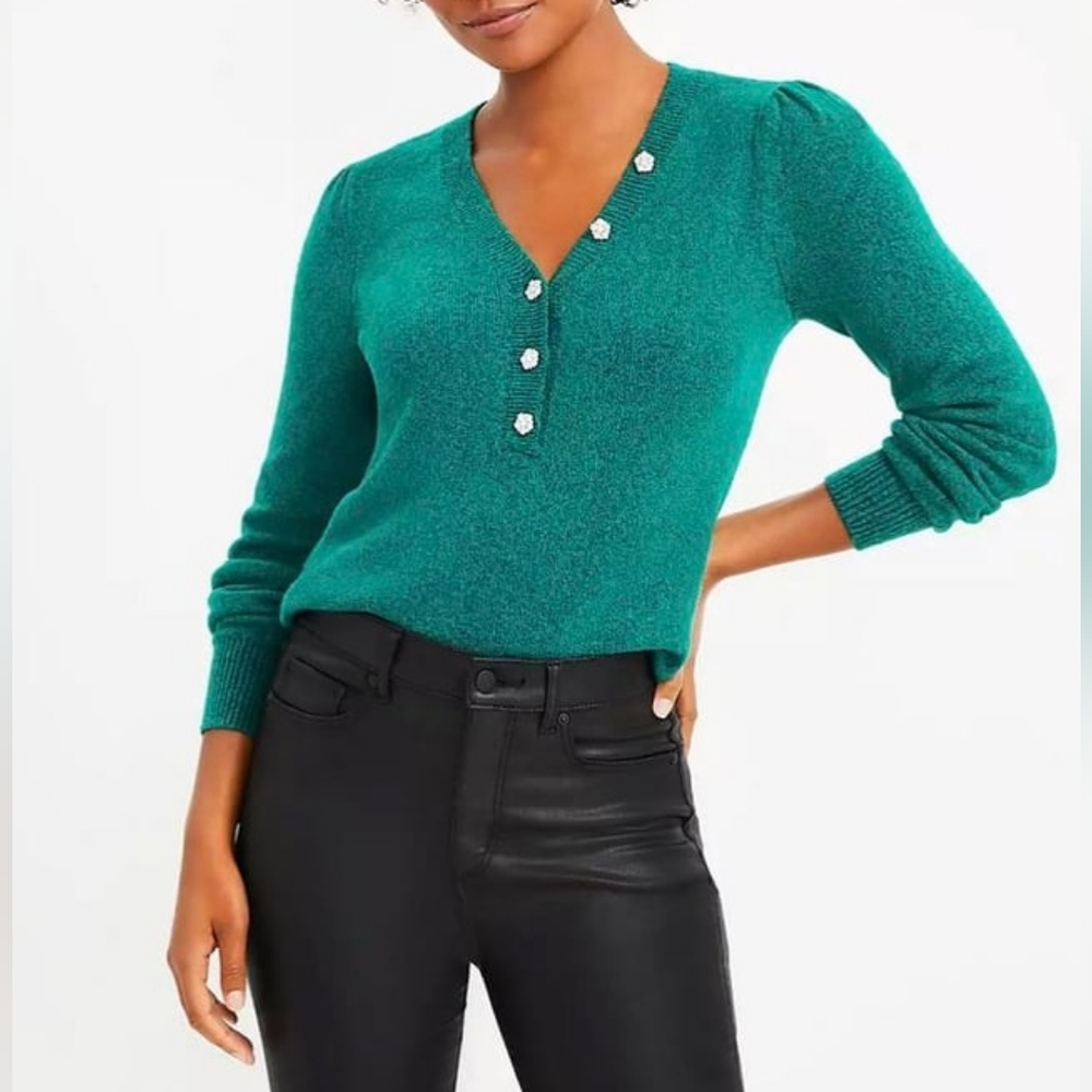 LOFT Green Rhinestone 1/2 Button V-Neck Pullover Sweater